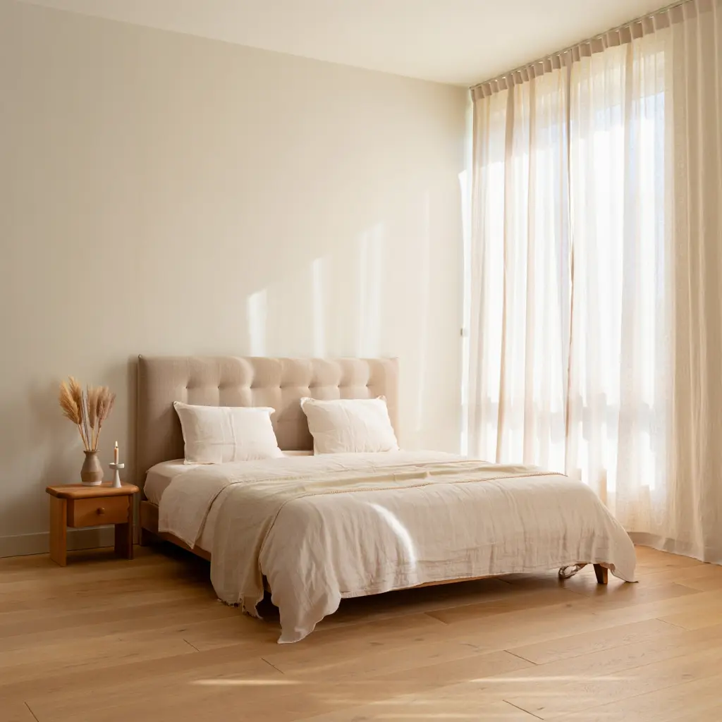 Rauhallinen makuuhuone luonnollisessa valossa